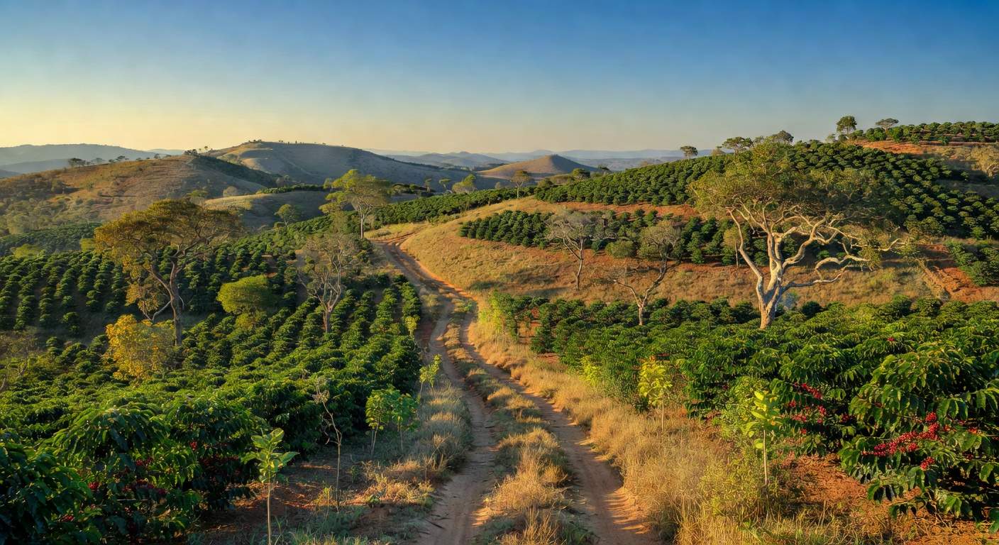 Paisagem do Cerrado Mineiro com plantações de café regenerativas, simbolizando movimento sustentável global.
