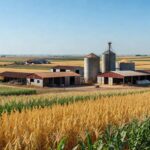 Campos de grãos no Brasil com silos, ilustrando safra recorde de 353 milhões de toneladas e déficit de 37% em armazenagem.