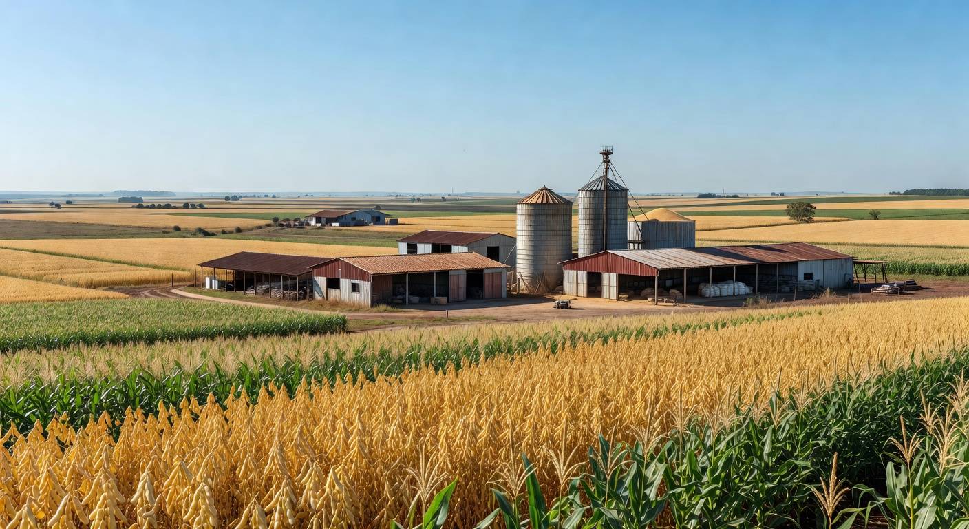 Campos de grãos no Brasil com silos, ilustrando safra recorde de 353 milhões de toneladas e déficit de 37% em armazenagem.