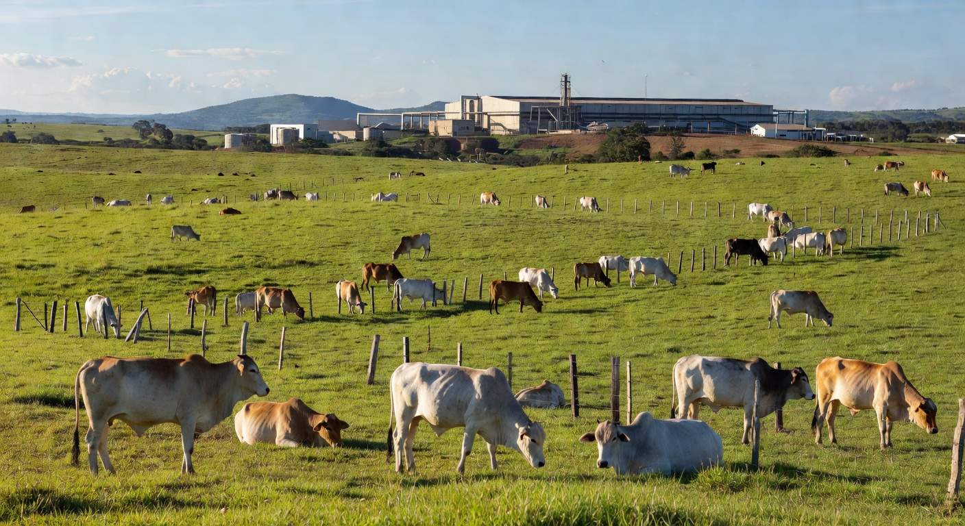 Rebanho de bois em fazenda brasileira com frigorífico ao fundo, representando mercado de boi gordo firme apesar de riscos de greve.