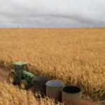 Campo de milho no Brasil com trator parado por escassez de diesel, ameaçando colheita devido à guerra na Ucrânia.