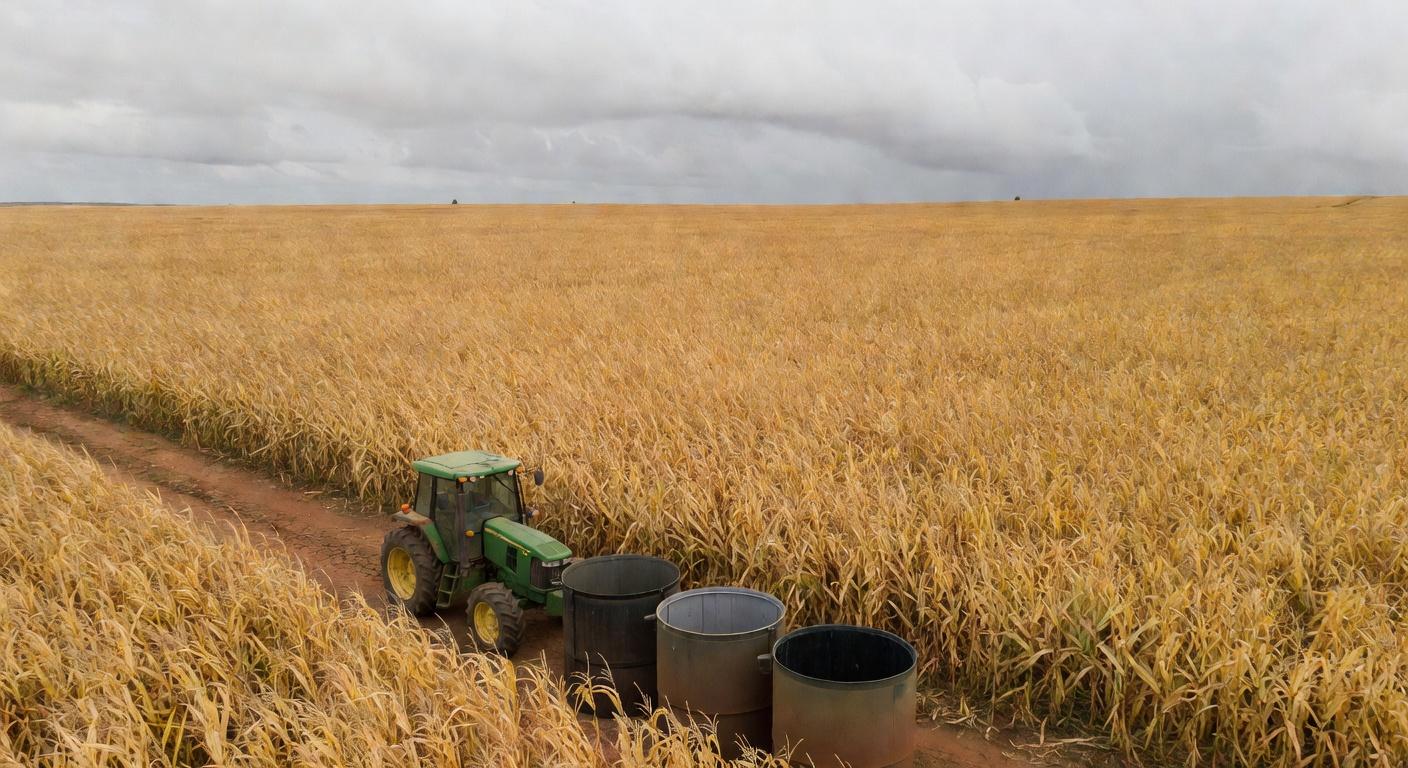 Campo de milho no Brasil com trator parado por escassez de diesel, ameaçando colheita devido à guerra na Ucrânia.