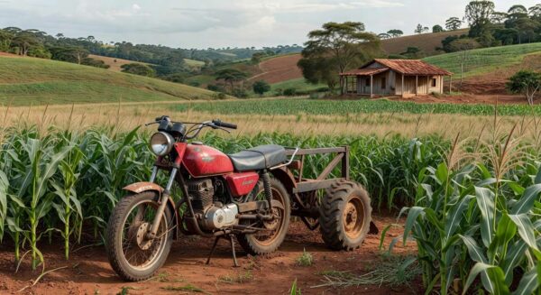 Mototrator da Embrapa: moto usada convertida em mini trator em lavoura brasileira para pequenos produtores.