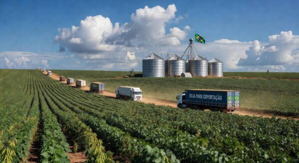 Plantação de soja no Brasil com silos e caminhões, representando regras e negociações com China.