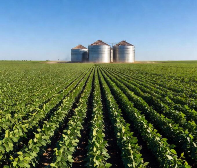 Campos de soja no Brasil com silos, ilustrando faturamento e investimentos em commodities agrícolas.