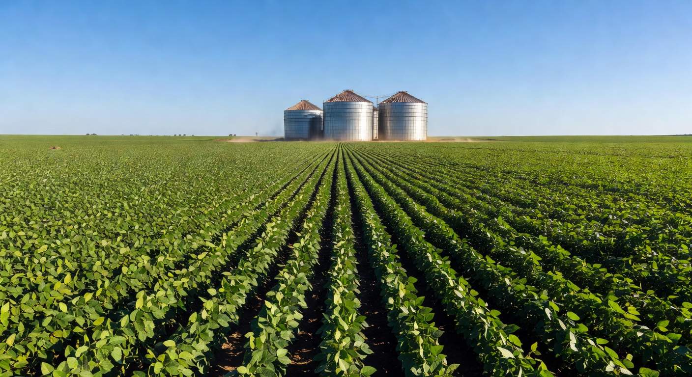 Campos de soja no Brasil com silos, ilustrando faturamento e investimentos em commodities agrícolas.
