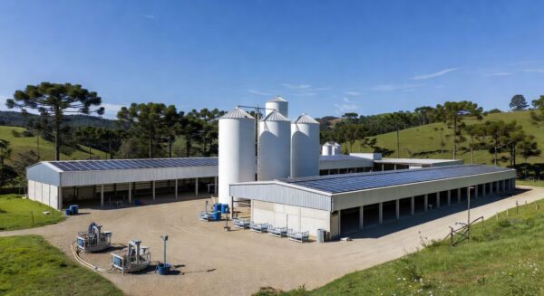 Granja moderna de proteínas animais em Chapecó, com instalações inovadoras e paisagem rural brasileira.