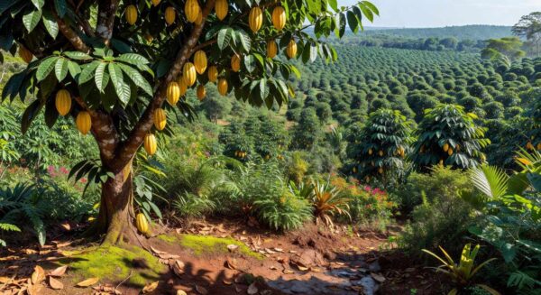 Plantação de cacau na Bahia, representando a indústria afetada por perdas de R$ 1,5 bi com MP de créditos PIS/Cofins.