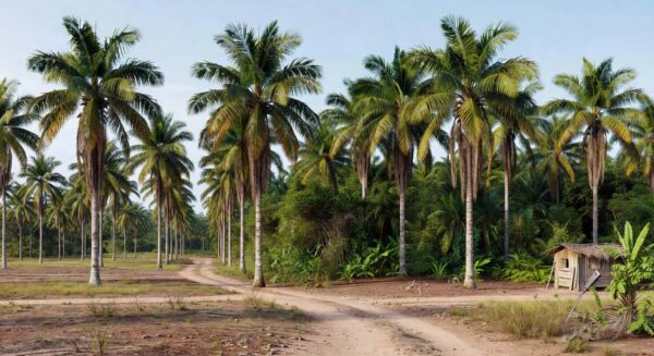 Plantação de palmeiras no Brasil com sinais de infestação por bicudo-vermelho, em área de fronteira, sob vigilância agrícola.