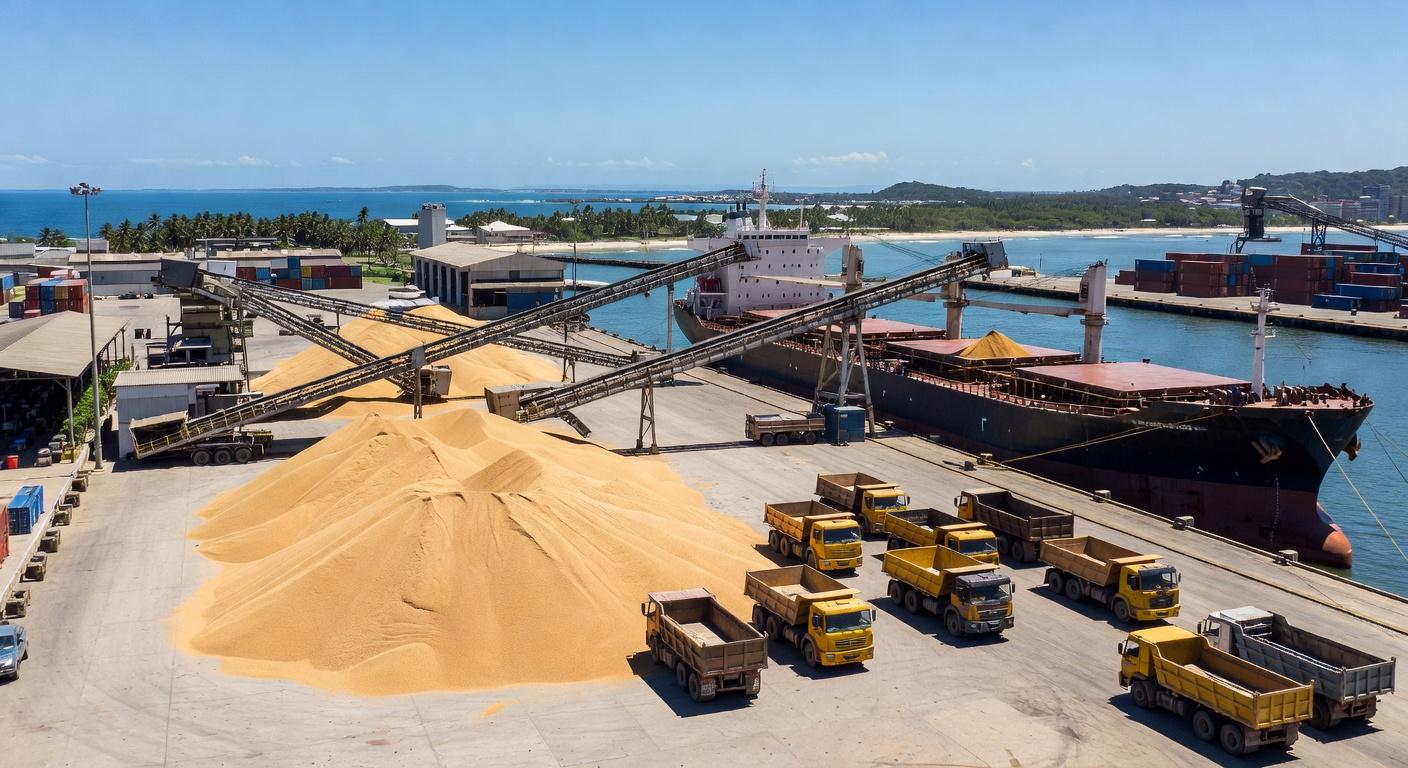 Porto brasileiro com navios carregando DDG para exportação à China, produção em alta.