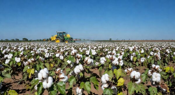 Campo de algodão em Mato Grosso com sinais de infestação pelo bicudo-do-algodoeiro e equipamentos de combate à praga.