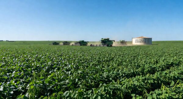 Plantação de soja no Brasil representando autossuficiência em biodiesel com recursos nacionais.