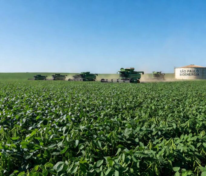 Plantação de soja no Brasil representando autossuficiência em biodiesel com recursos nacionais.