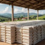 Granja de ovos em Minas Gerais com caixas empilhadas, ilustrando crescimento de 15,7% nas exportações em 2024.