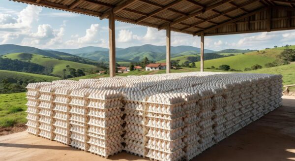 Granja de ovos em Minas Gerais com caixas empilhadas, ilustrando crescimento de 15,7% nas exportações em 2024.