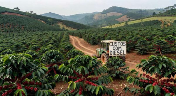 Plantação de café em Minas Gerais com trator agrícola, ilustrando impactos nos custos da safra devido à alta no diesel.