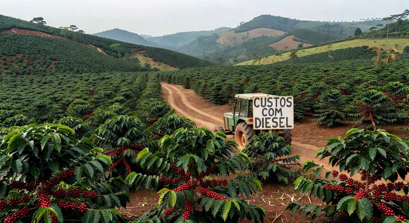 Plantação de café em Minas Gerais com trator agrícola, ilustrando impactos nos custos da safra devido à alta no diesel.
