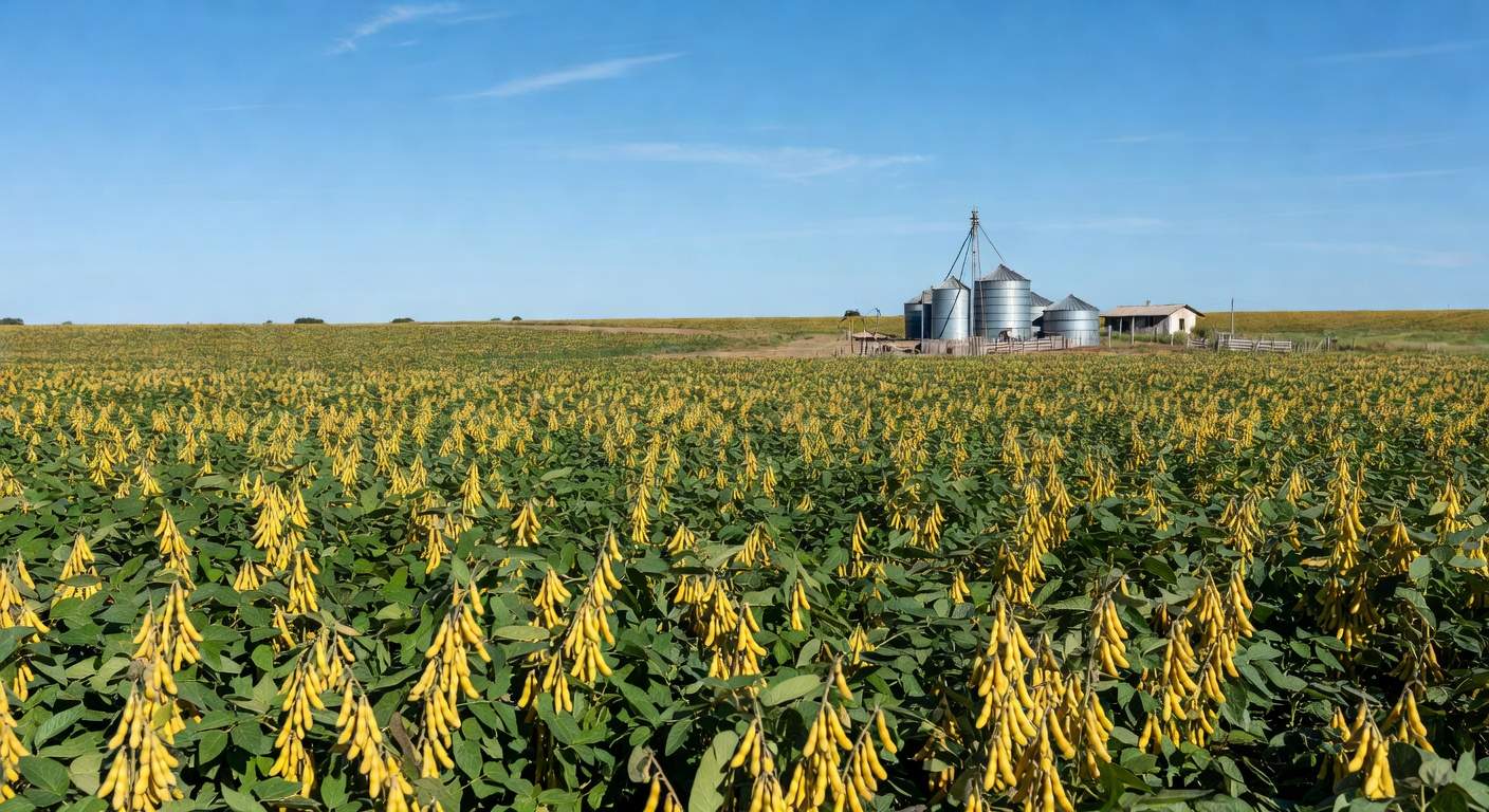 Campos de soja no Brasil com silos ao fundo, representando projeção recorde de processamento.