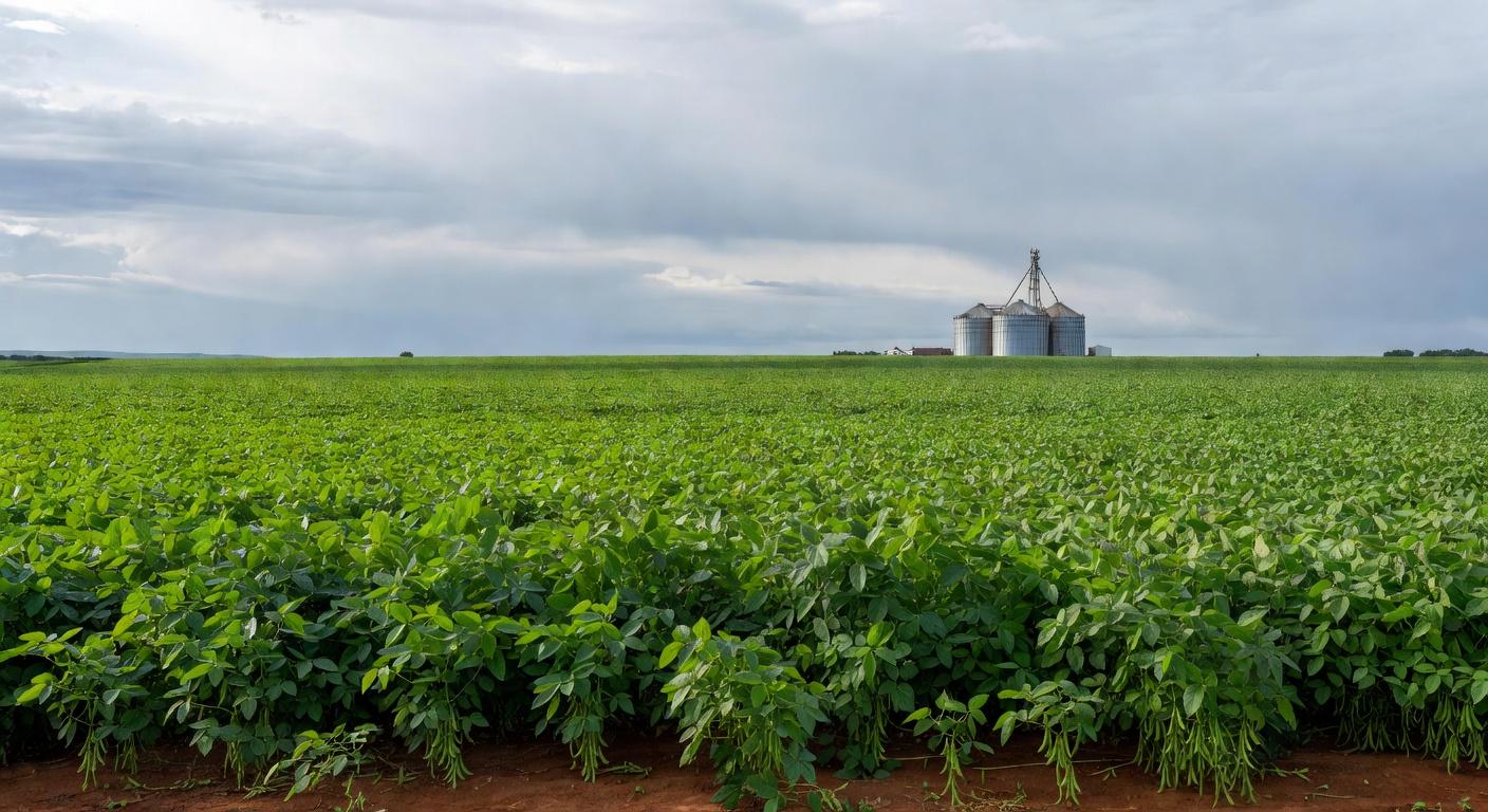 Plantação de soja no Brasil com campos verdes e silos ao fundo, ilustrando mercado estável apesar de volatilidade externa.