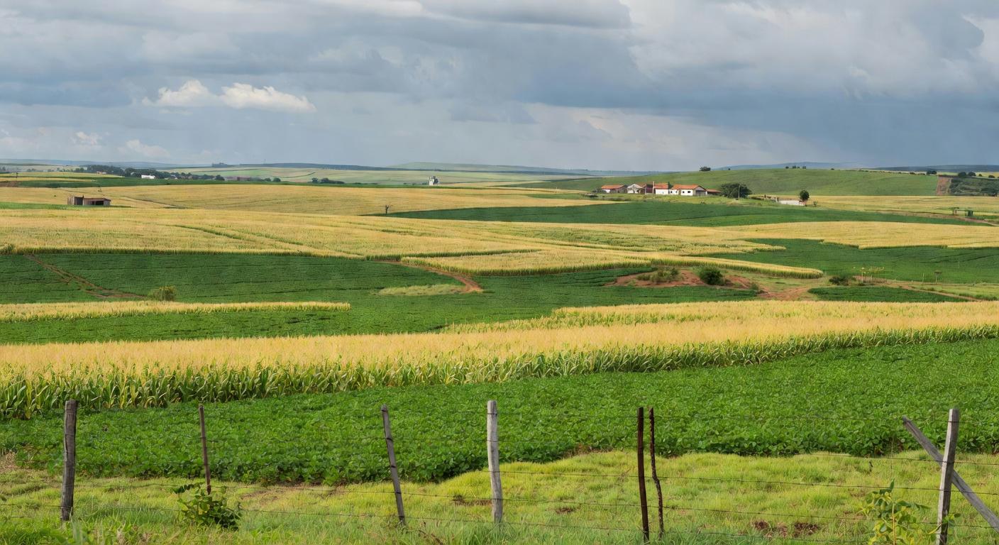 Campos agrícolas no Brasil representando debate sobre compra de terras por estrangeiros, com placar no STF pela inconstitucionalidade.