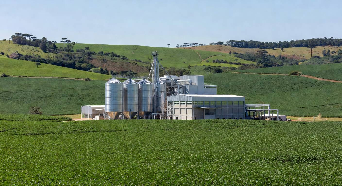 Fábrica de soja da Cooperativa Tradição em Pato Branco, com campos de cultivo ao redor.
