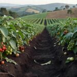 Plantação de batatas em Minas Gerais com frutos semelhantes a tomates em estilo fotojornalístico.