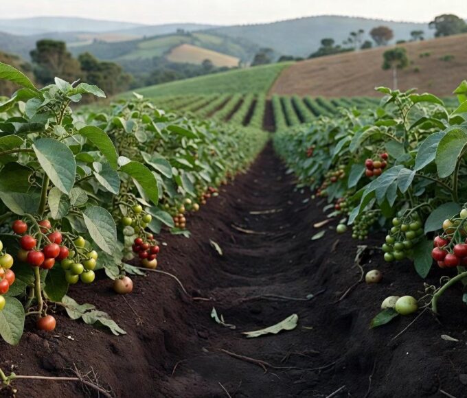 Plantação de batatas em Minas Gerais com frutos semelhantes a tomates em estilo fotojornalístico.
