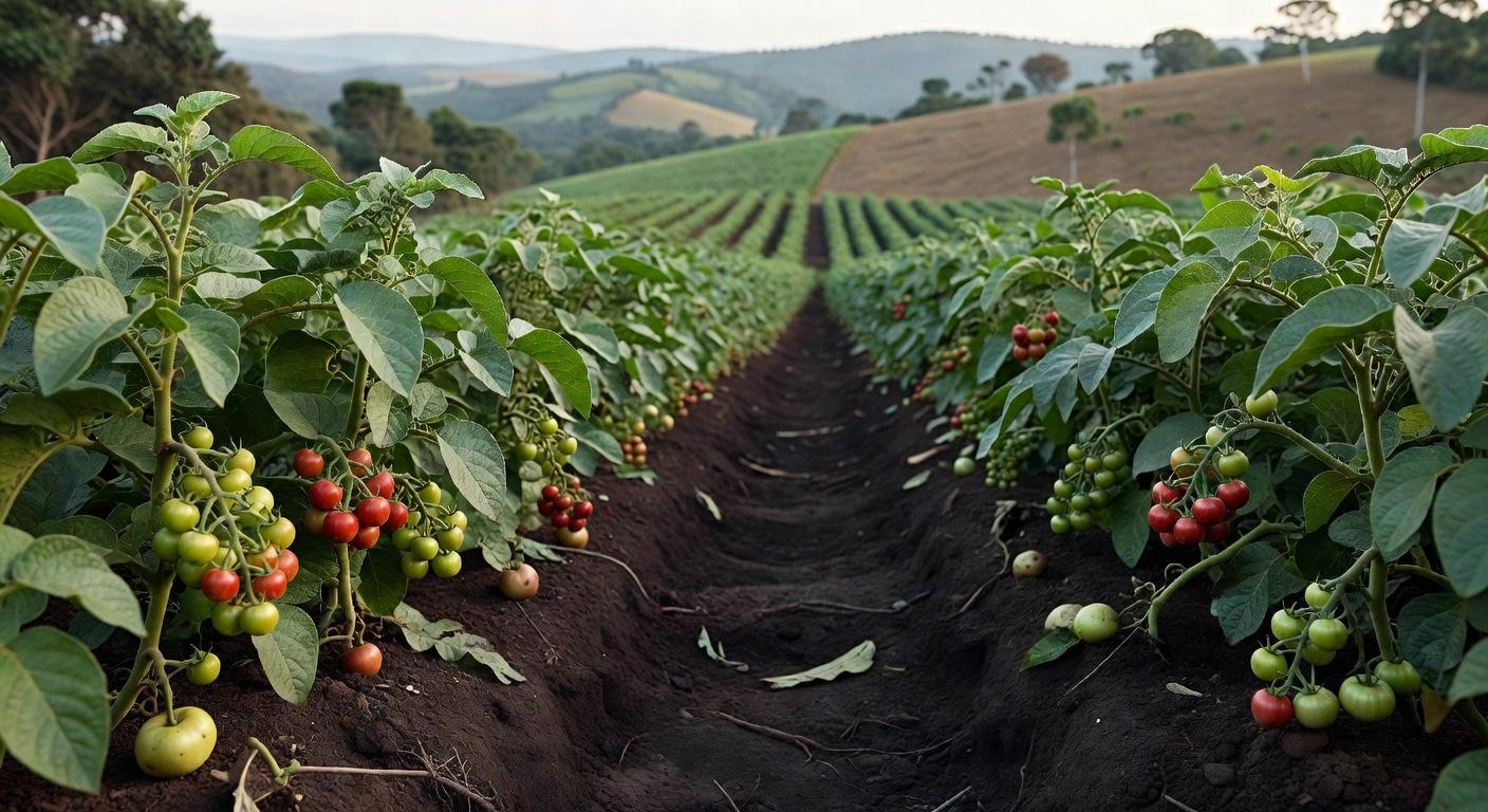 Plantação de batatas em Minas Gerais com frutos semelhantes a tomates em estilo fotojornalístico.