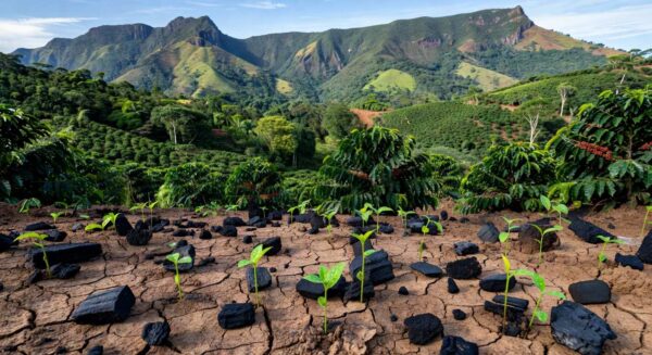 Paisagem de área degradada em Brejetuba, ES, sendo recuperada com biochar para restauração ambiental.