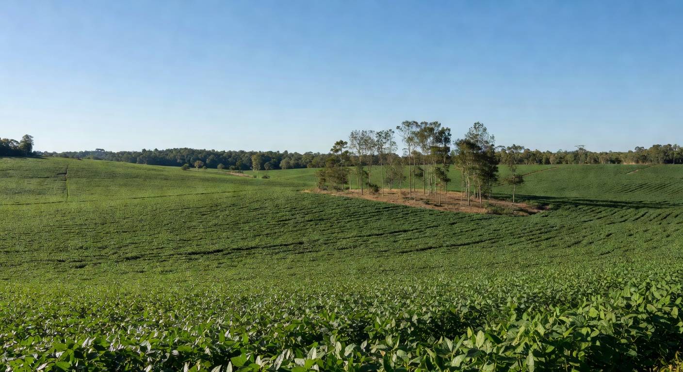 Campos de soja no Cerrado brasileiro, representando crédito sustentável de US$ 435 milhões entre Cofco e Standard Chartered.