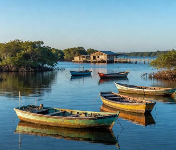 Barcos de pesca em estuário de Cananéia, representando modernização de cooperativa apoiada pelo BNDES.