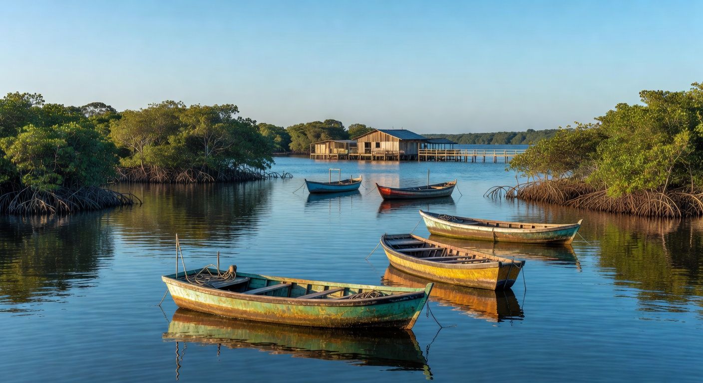 Barcos de pesca em estuário de Cananéia, representando modernização de cooperativa apoiada pelo BNDES.
