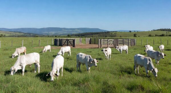 Bezerros nelore em fazenda brasileira, recorde de preços após abate de fêmeas.
