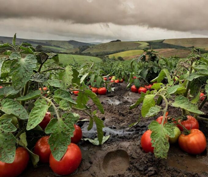 Plantação de tomate no Brasil com folhas afetadas por larva-alfinete sob clima instável.