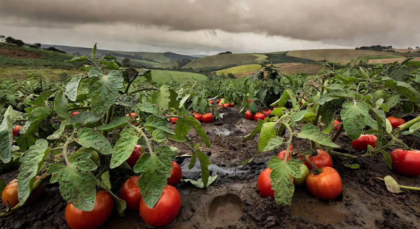 Plantação de tomate no Brasil com folhas afetadas por larva-alfinete sob clima instável.