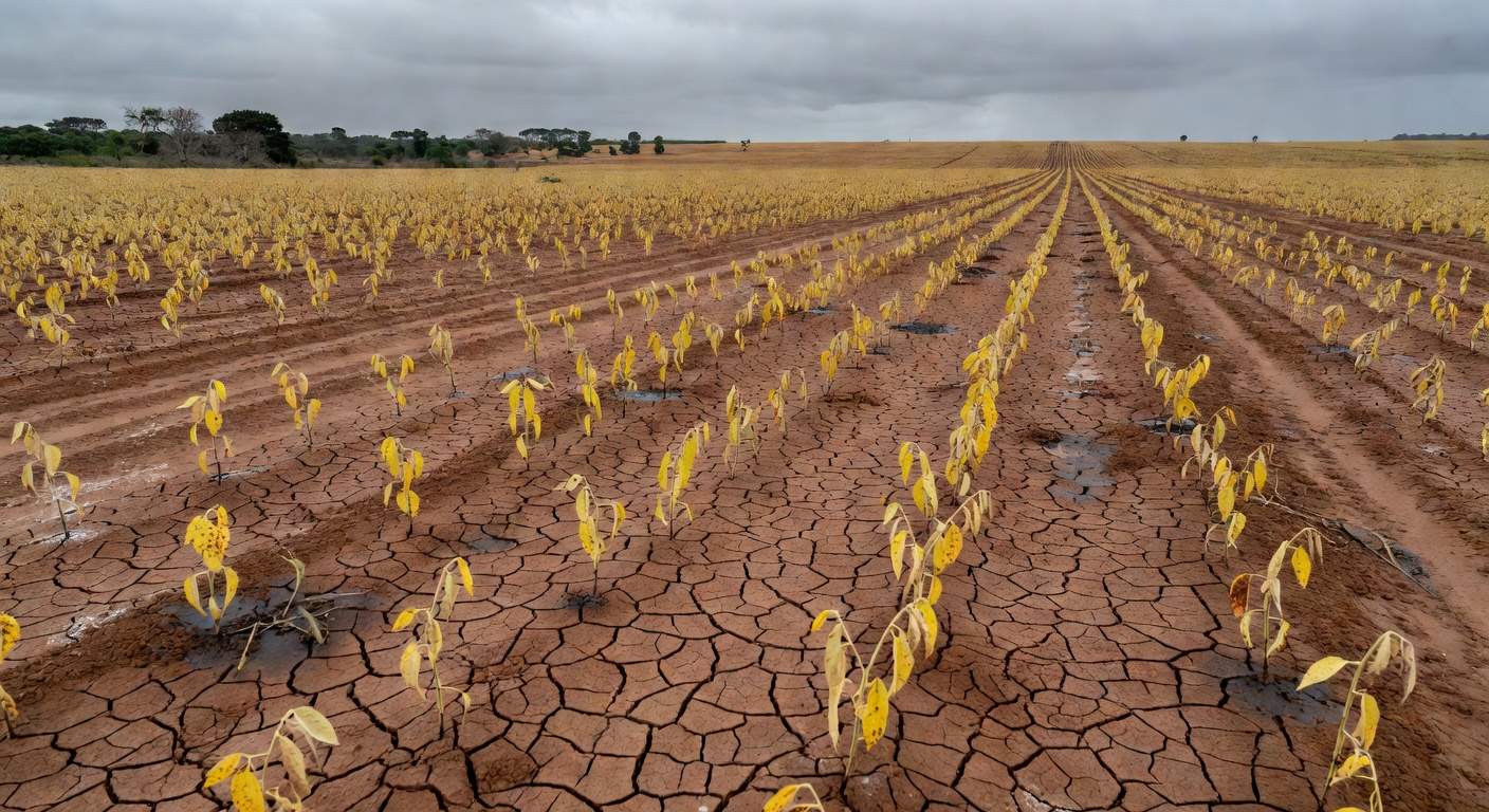 Plantação de soja no Brasil com solo degradado por fertilizantes excessivos, em estilo fotojornalístico.