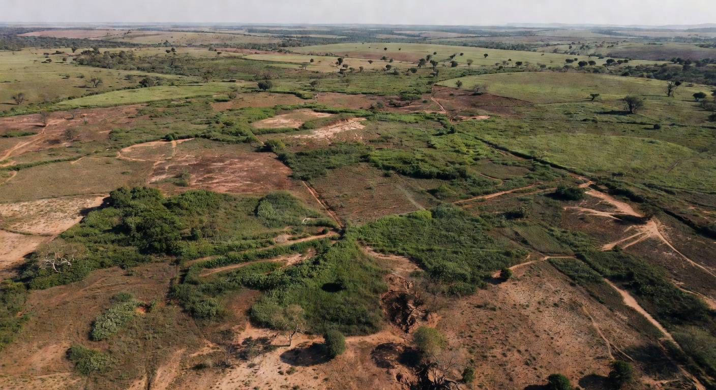 Vista aérea de terras abandonadas no Matopiba, identificadas por IA e satélites pela Embrapa e UnB.