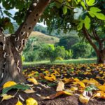 Pomar de figueiras no Brasil danificado por broca-da-figueira, com furos nos troncos e larvas destrutivas.