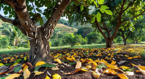 Pomar de figueiras no Brasil danificado por broca-da-figueira, com furos nos troncos e larvas destrutivas.