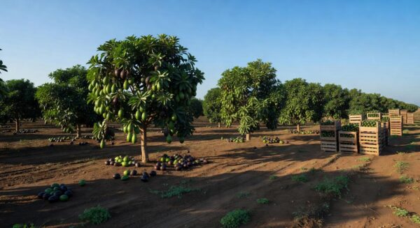 Plantação de abacate em Tupã, SP, com safra recorde superando perdas e impulsionando exportações.