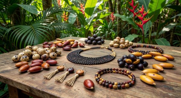 Sementes transformadas em biojoias sustentáveis por artesãs de Itapetininga, em estilo fotojornalístico realista.