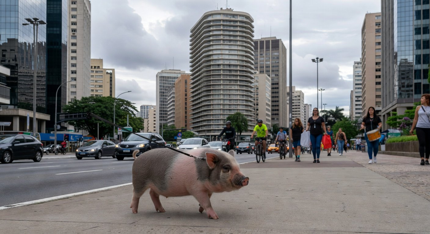 Mini porco passeando na Avenida Paulista em São Paulo, conquistando milhões de visualizações nas redes sociais.