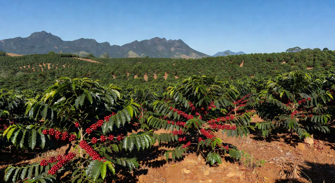 Plantação de café conilon no Espírito Santo, com grãos maduros, representando plano de aumento de produtividade para 50 sacas por hectare até 2030.