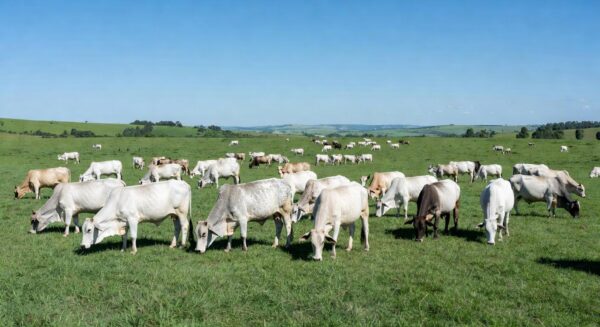 Rebanho de gado Nelore-Angus em fazenda de pecuária de corte no Brasil, destacando rentabilidade na análise de Barcellos.