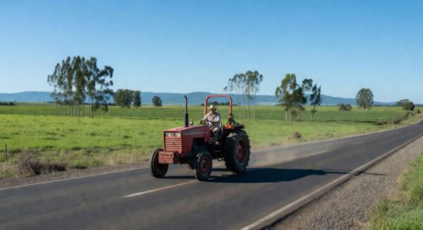 Máquina agrícola transitando em rodovia pública em área rural de São Paulo, Brasil.
