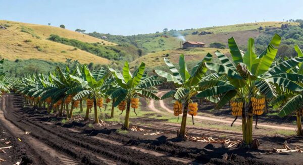 Plantação de bananeiras no Brasil com cachos de bananas Ambrosia resistentes a doenças, lançadas pela Embrapa após pesquisa.
