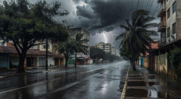 Nuvens de tempestade sobre cidade brasileira, com chuva intensa e raios, representando alertas do Inmet para o Brasil.