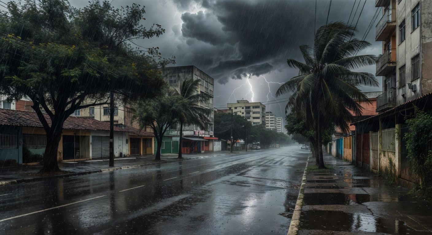 Nuvens de tempestade sobre cidade brasileira, com chuva intensa e raios, representando alertas do Inmet para o Brasil.