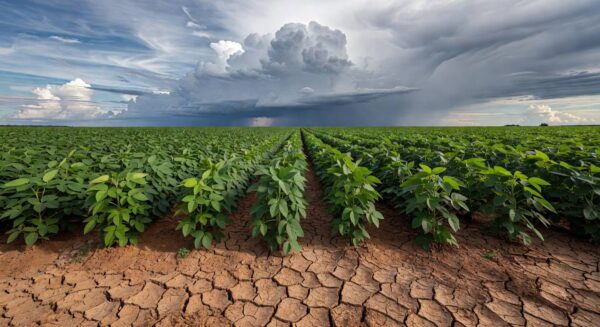Plantação de soja no Cerrado brasileiro afetada por seca e mudanças climáticas, representando desafios no agronegócio.
