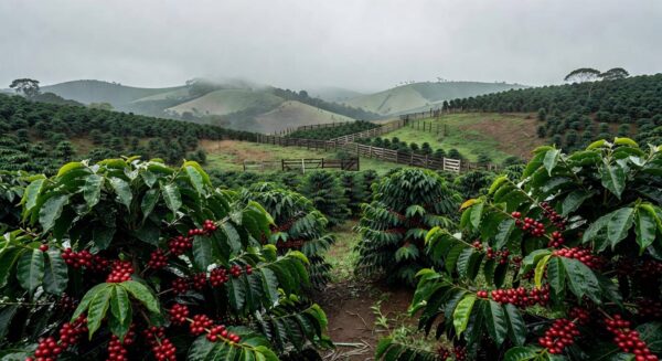 Plantação de café verdejante no Brasil após chuvas de março, impulsionando safra recorde em 2026.